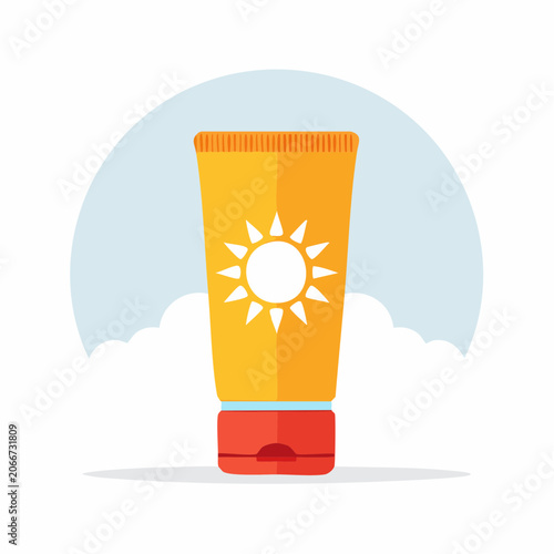Sunscreen tube with sun icon and clouds