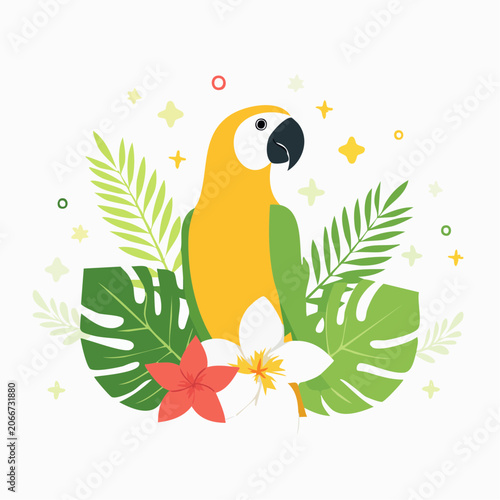 Yellow and Green Macaw Parrot with Tropical Leaves and Flowers