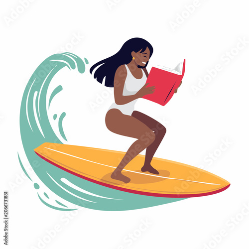 Woman Surfing and Reading a Book