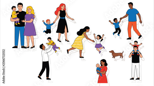 Diverse multicultural family characters parents and children playing together with dog flat vector illustration set