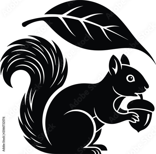 Black silhouette of a squirrel holding an acorn with a leaf isolated on white background vector illustration