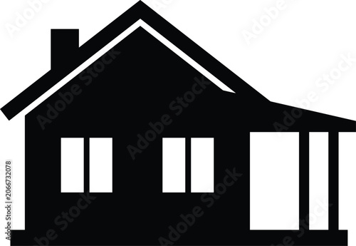 Black silhouette of a residential house with chimney windows and porch isolated on white background vector illustration