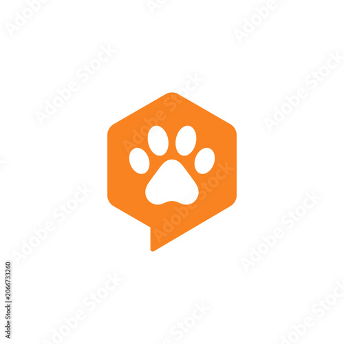 A simple, modern icon featuring a paw print inside a speech bubble.