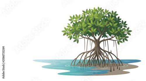 Mangrove Tree Illustration Featuring Exposed Prop Roots Growing in Tropical Coastal Water Ecosystem