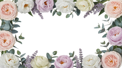 Rectangular floral frame border with pastel pink, white, and lavender roses and eucalyptus leaves isolated on a black background, for stationery