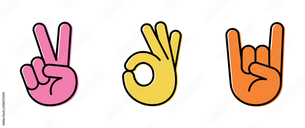 Fototapeta premium Pink peace sign, yellow ok sign, and orange rock and roll hand gesture