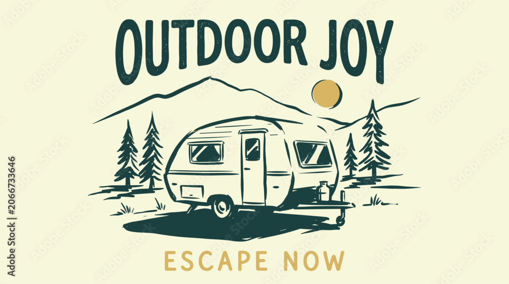 Obraz premium Mountain outdoor adventure. Camping caravan illustration. Vintage nature design.