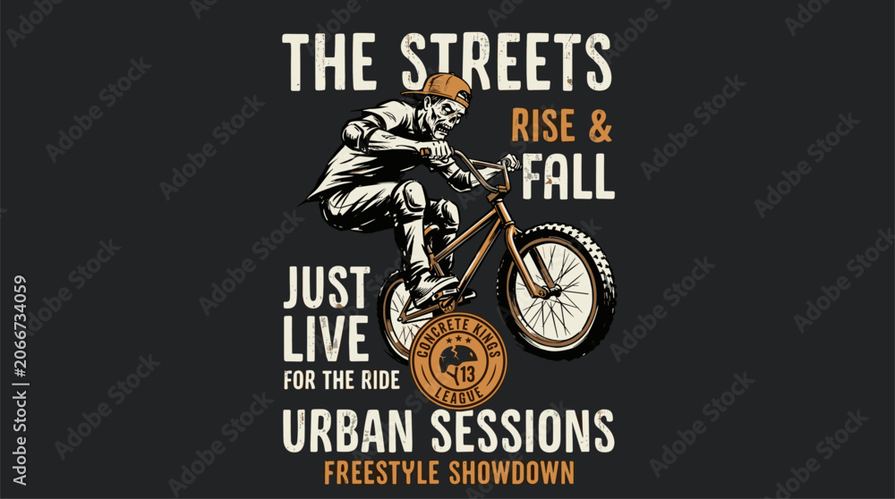 Naklejka premium Urban zombie BMX rider. Freestyle showdown t shirt design. Vintage street bicycle art.