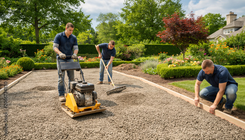 Professional landscapers working on a backyard renovation project using a heavy yellow plate compactor to level and compact grey gravel path on a bright sunny day