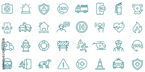 Schilderij op canvas Emergency Icon Ambulance Police Lifebuoy Crisis Urgency Rescue Helicopter Siren First Aid Kit Collection Vector Illustration