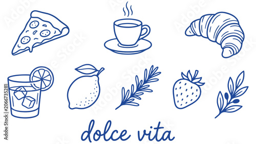 Fotografie Dolce Vita Cafe Food Sketch Doodle Set Vector