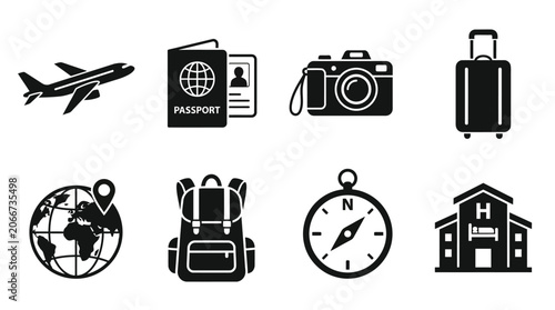 Travel and vacation icons plane, passport, camera, luggage, globe, backpack, compass, and hotel