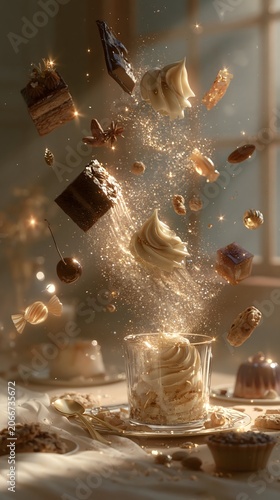 Sweets advertising background: Floating chocolate cakes cookies and whipped cream with golden sparkles