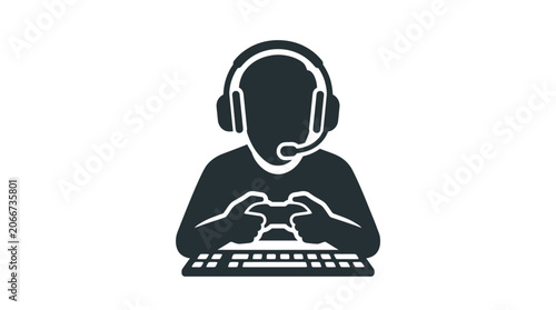 Minimalist icon of a gamer wearing a headset and holding a controller.