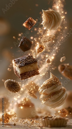 Sweets advertising background: Levitating gourmet chocolate cakes and cream surrounded by light streaks