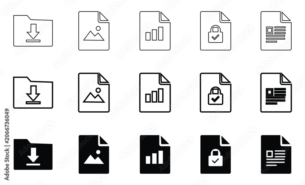 Fototapeta premium Document Management and Digital File Types Vector Icon Set: Download Folder, Chart, and Secure Padlock Symbols in Outline and Solid Styles