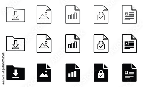 Document Management and Digital File Types Vector Icon Set: Download Folder, Chart, and Secure Padlock Symbols in Outline and Solid Styles

