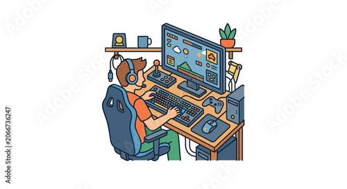 A young gamer sitting in a chair playing a video game on a computer.