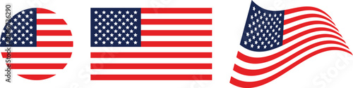 America national flag rectangle and circle set. Waving united states of America flag. Country official banner design. 
