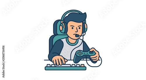 A young gamer wearing a headset while playing video games with a controller and keyboard.