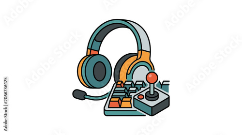 A colorful illustration featuring gaming headphones with a microphone and a retro joystick controller.
