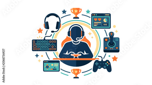 A stylized illustration of a professional gamer surrounded by various gaming equipment and trophies.