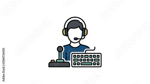 A stylized vector illustration of a gamer wearing a headset with a joystick and keyboard.