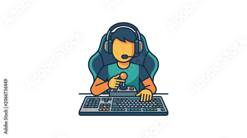 A stylized illustration of a young gamer sitting in a chair playing with a joystick and keyboard.