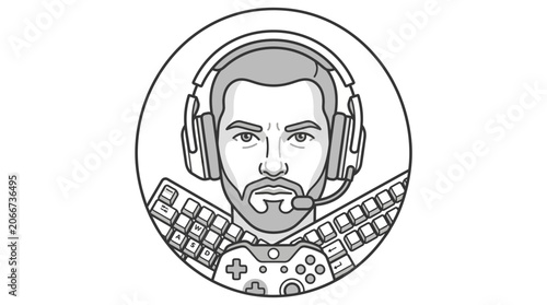 A stylized black and white illustration of a male gamer wearing a headset.