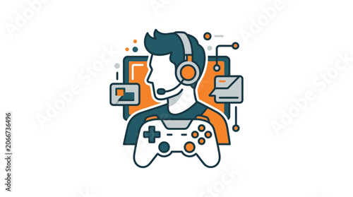Vector illustration of a professional gamer wearing a headset and holding a game controller.