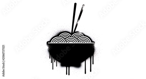 Minimalist Ramen Bowl Illustration with Chopsticks and Dripping Ink Effect.