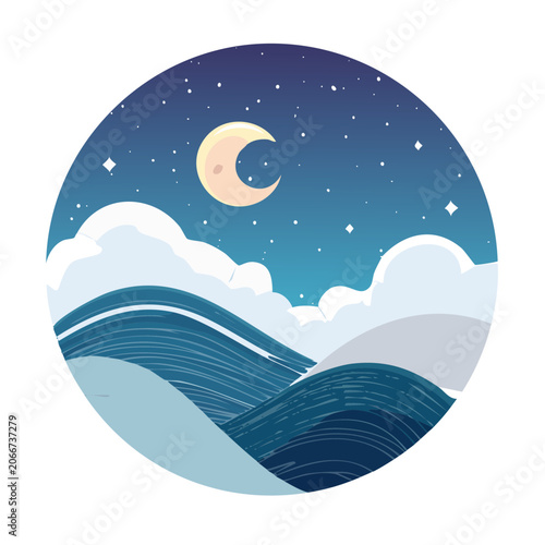 Circular night sky with moon, stars, clouds and waves