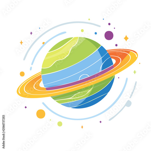 Colorful Cartoon Planet with Rings and Stars