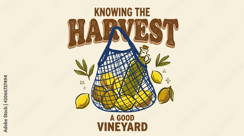 Fototapeta premium Harvest vintage artwork. Organic lemon garden. Vineyard t shirt vector design.