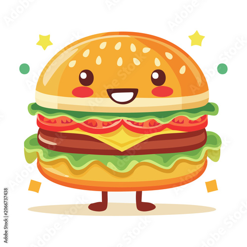Cute Kawaii Hamburger Character with Happy Face