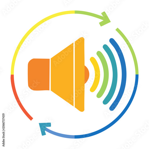 Flat design icon of a speaker with sound waves and circular arrows