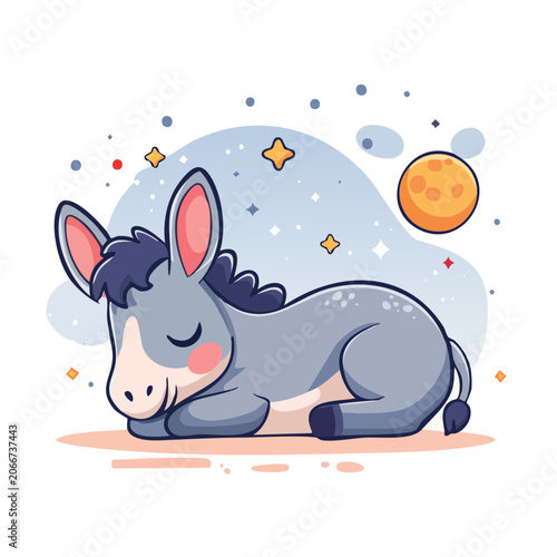 Cute sleeping donkey illustration with moon and stars