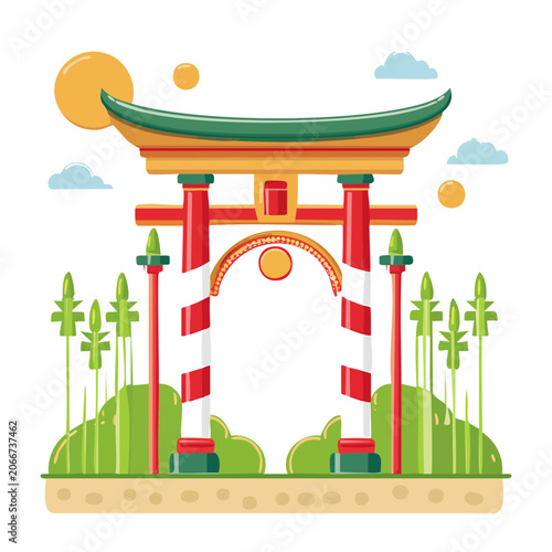 Flat design illustration of a Japanese Torii gate with sun and clouds
