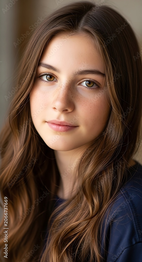 Naklejka premium Portrait of a beautiful young woman with long brown hair.