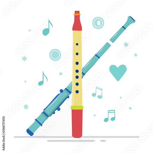 Two colorful recorders with musical notes and heart