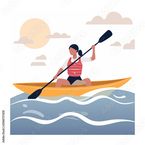 Woman kayaking on water with sun and clouds