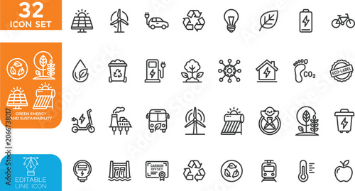 Foto Green energy and sustainability line editable Vector illustration icon set