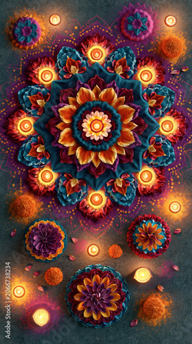 Colorful floral mandala with glowing lights