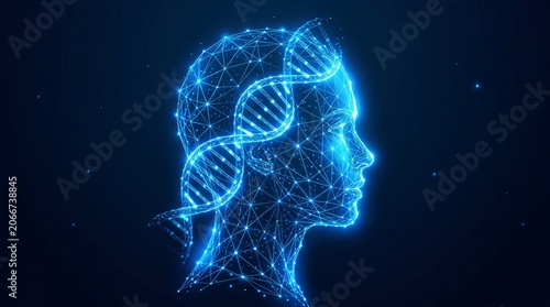 Abstract human head silhouette composed of glowing blue particles with DNA double helix structure integrated inside for biotechnology and genetic science sci fi genetics biotechnology