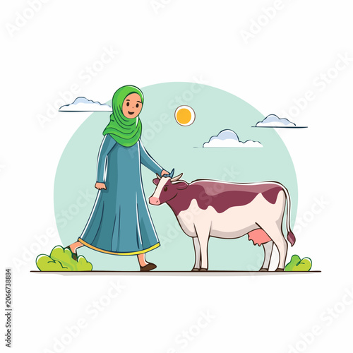 Illustration of a Muslim woman with a cow in a rural setting