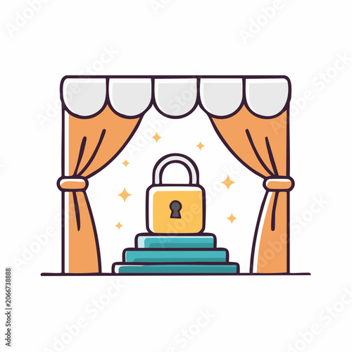Lock on stage with curtains and steps, security concept