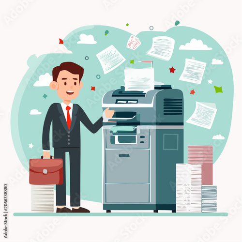 Man in suit with briefcase by a copier machine with flying papers
