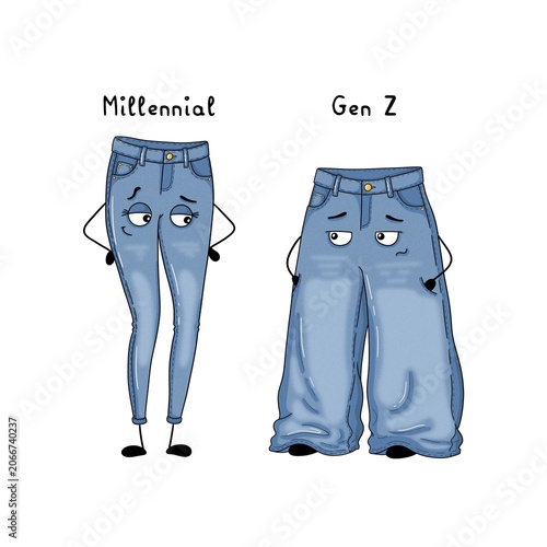 Funny hand-drawn cartoon illustration comparing skinny jeans and wide-leg jeans. Humorous fashion trend artwork inspired by Millennial and Gen Z style differences.