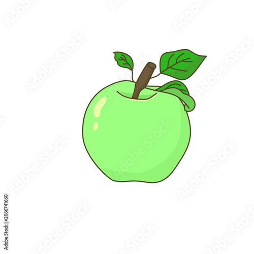 Fotografija Cute cartoon green apple fruit with stem and small leaf, isolated on white