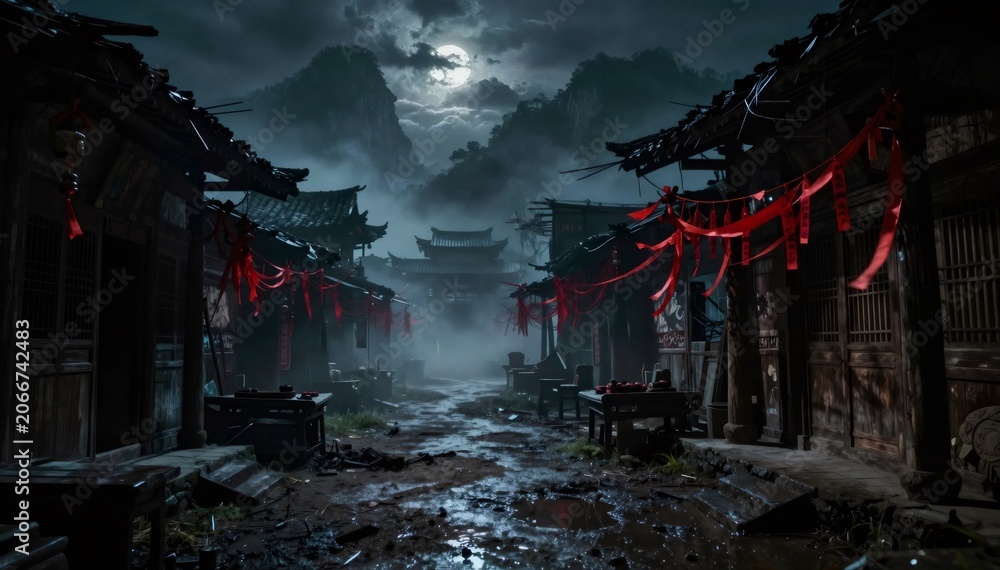 Obraz premium Chinese haunted village street at night during full moon
